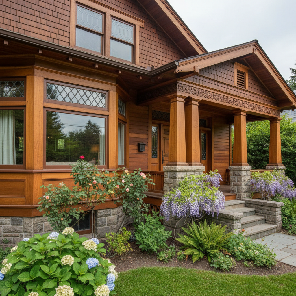 Bright craftsman style home exterior with stone foundation, covered porch, and lush landscaping in natural daylight