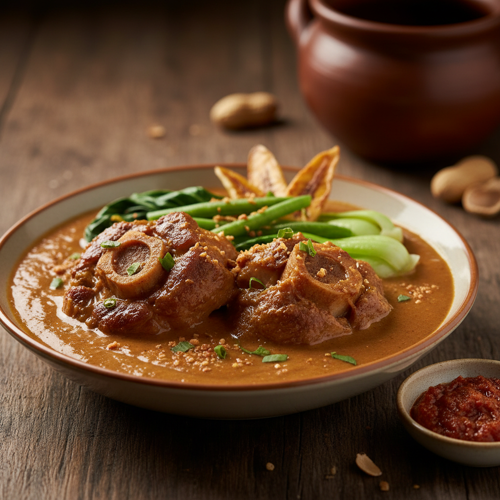 Filipino kare-kare oxtail peanut stew with vegetables and bagoong shrimp paste, rich golden sauce