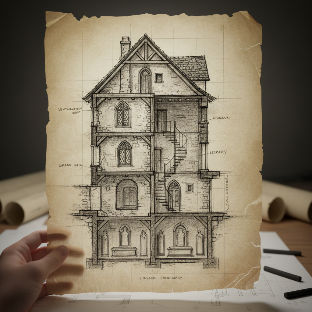 Charcoal sketch of building section on tracing paper