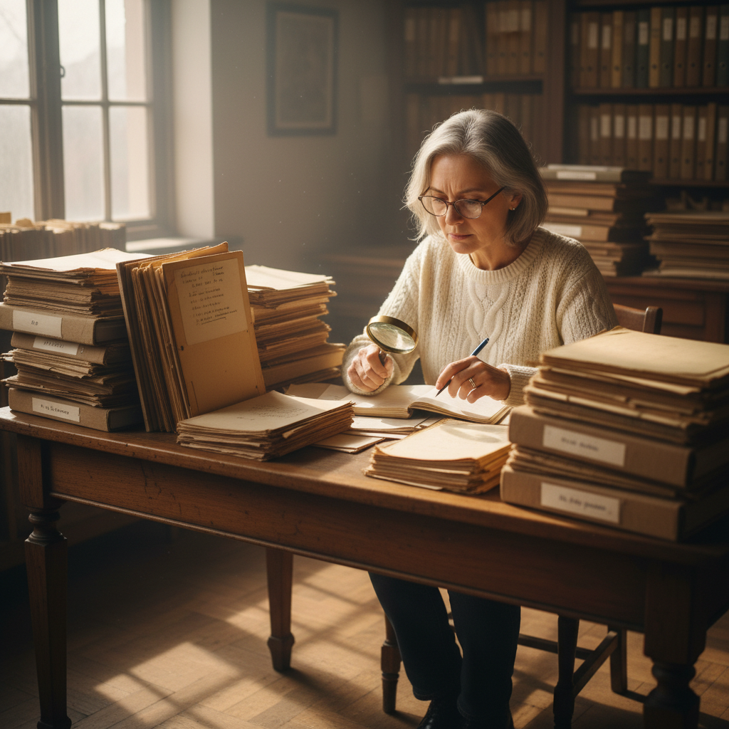 Dr. Margaret Holloway, a focused woman in her 50s sitting at a desk surrounded by archival files