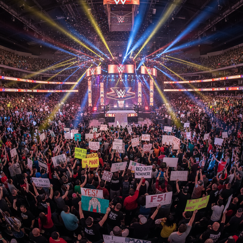 Wrestling fans in a packed arena, orange and white lights blazing