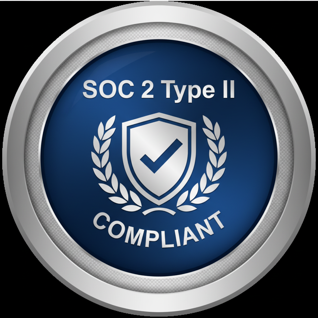 SOC 2 Type II compliance seal with professional certification emblem in corporate blue