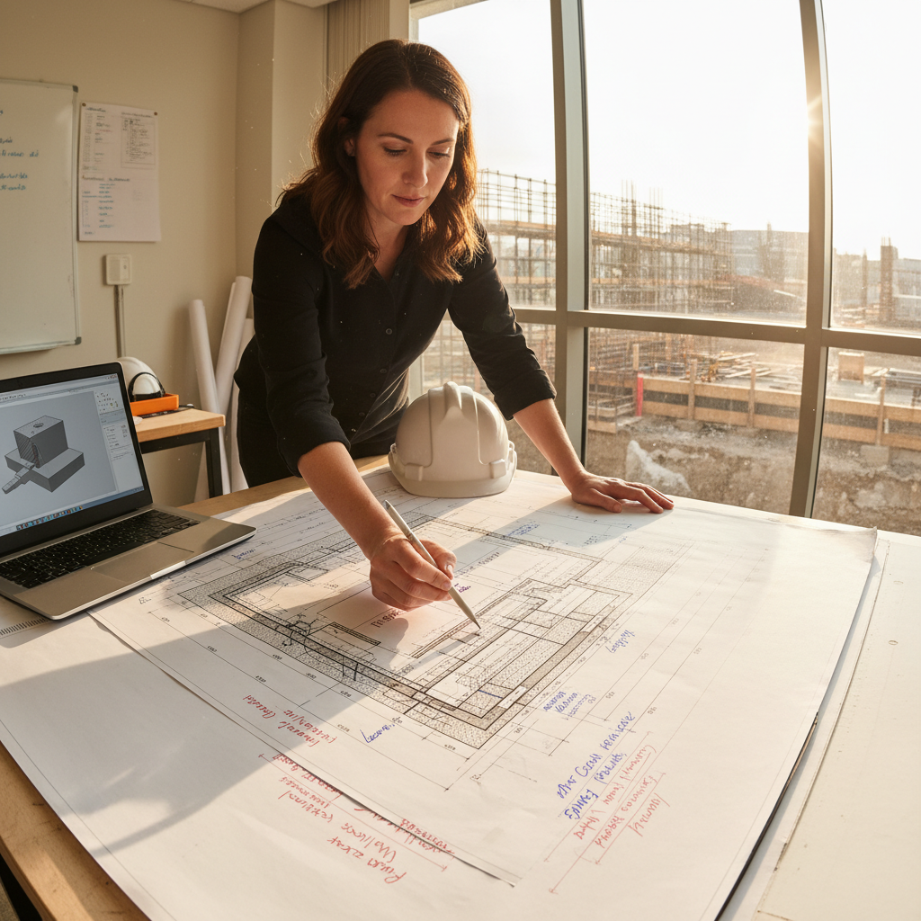 Engineer reviewing technical drawings and blueprints for industrial project planning