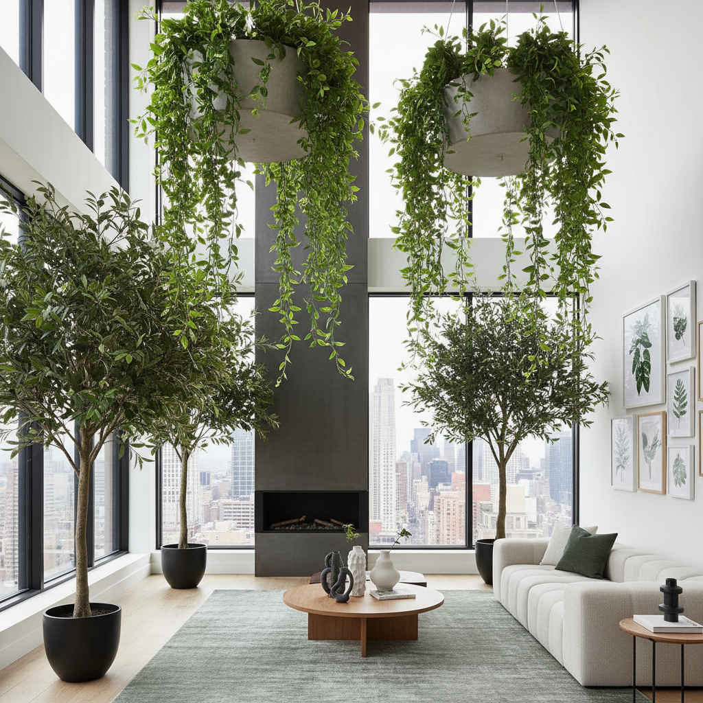 Yapay büyük ağaç koleksiyonu salkım ve benjamin ağaçları modern salon dekorasyonu