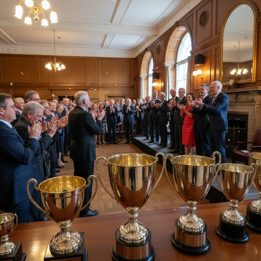 Award presentation ceremony at a social club with trophies on a table, crowd applauding