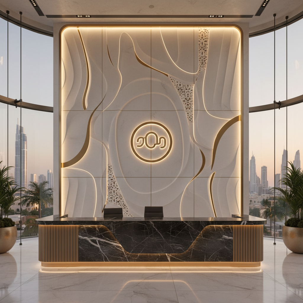 Commercial office reception wall with decorative CNC panel feature, modern Indian corporate interior