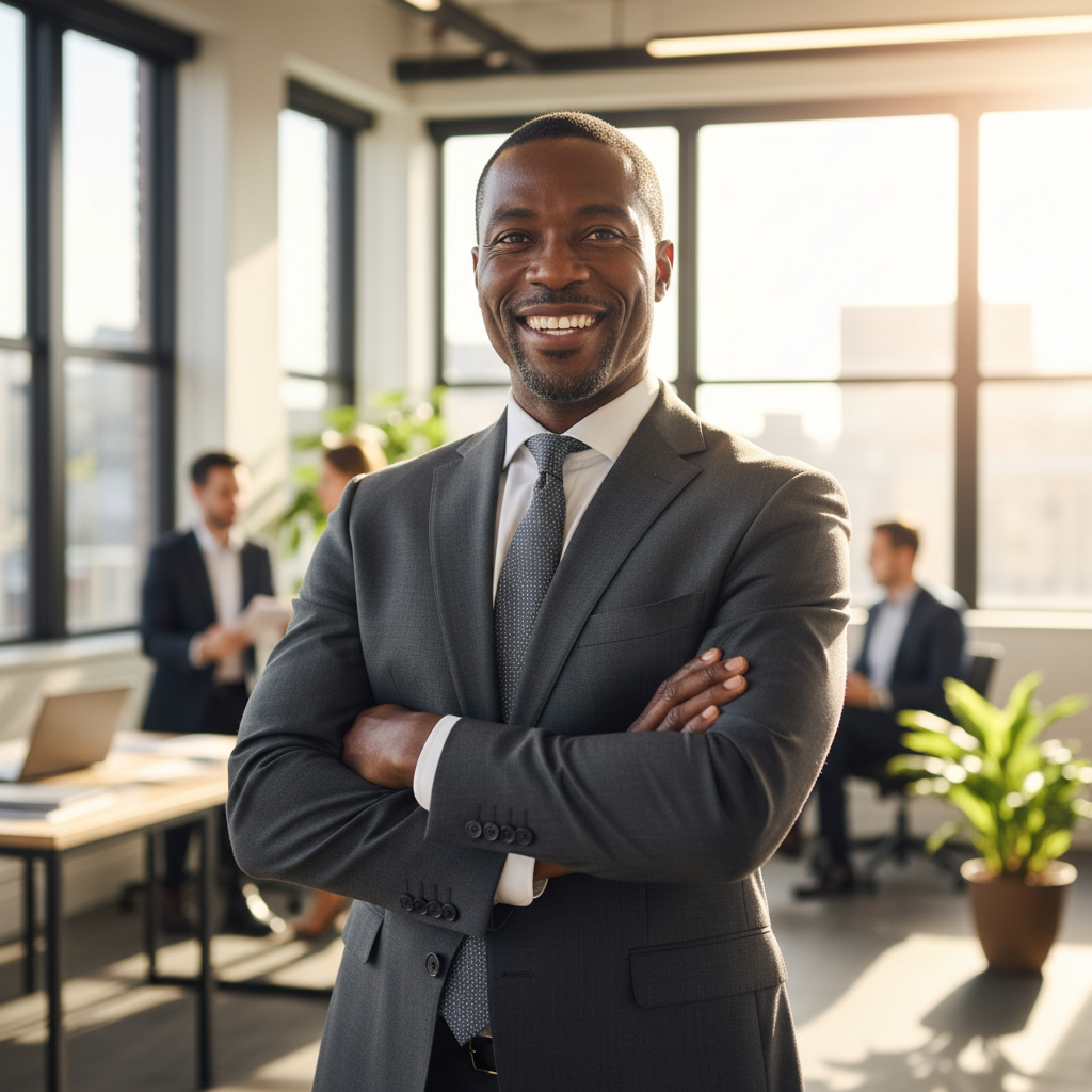 Professional Black man in his late 50s in business casual attire, confident expression, urban office setting