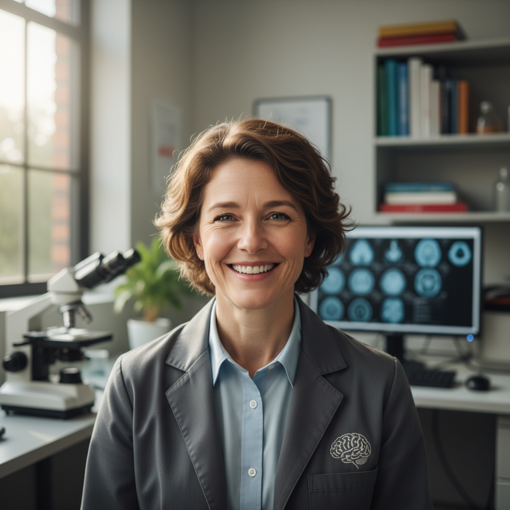 Female neuroscientist in research lab with neural interface equipment