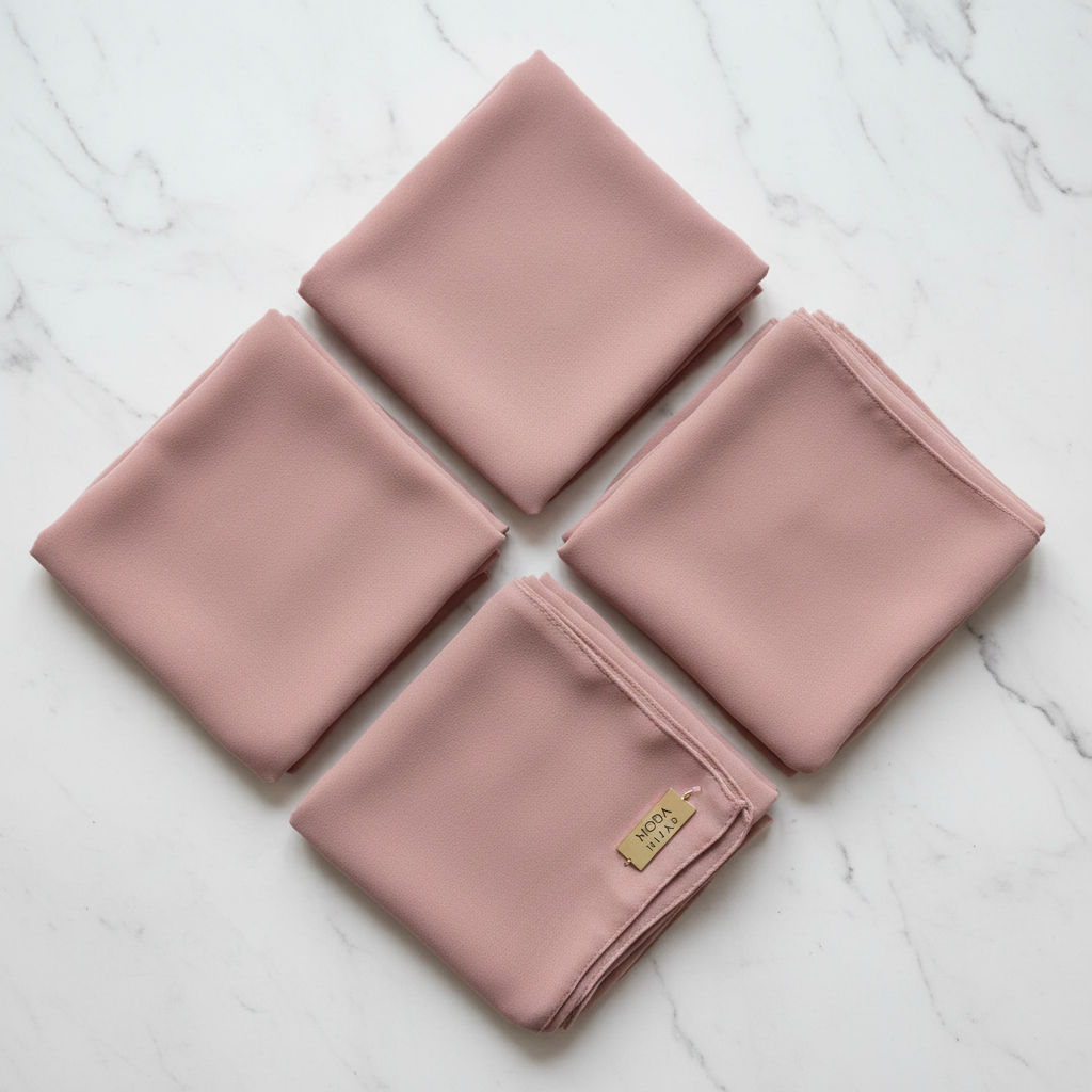 Premium hijab pins, shayla accessories and handbag flatlay on cream marble surface