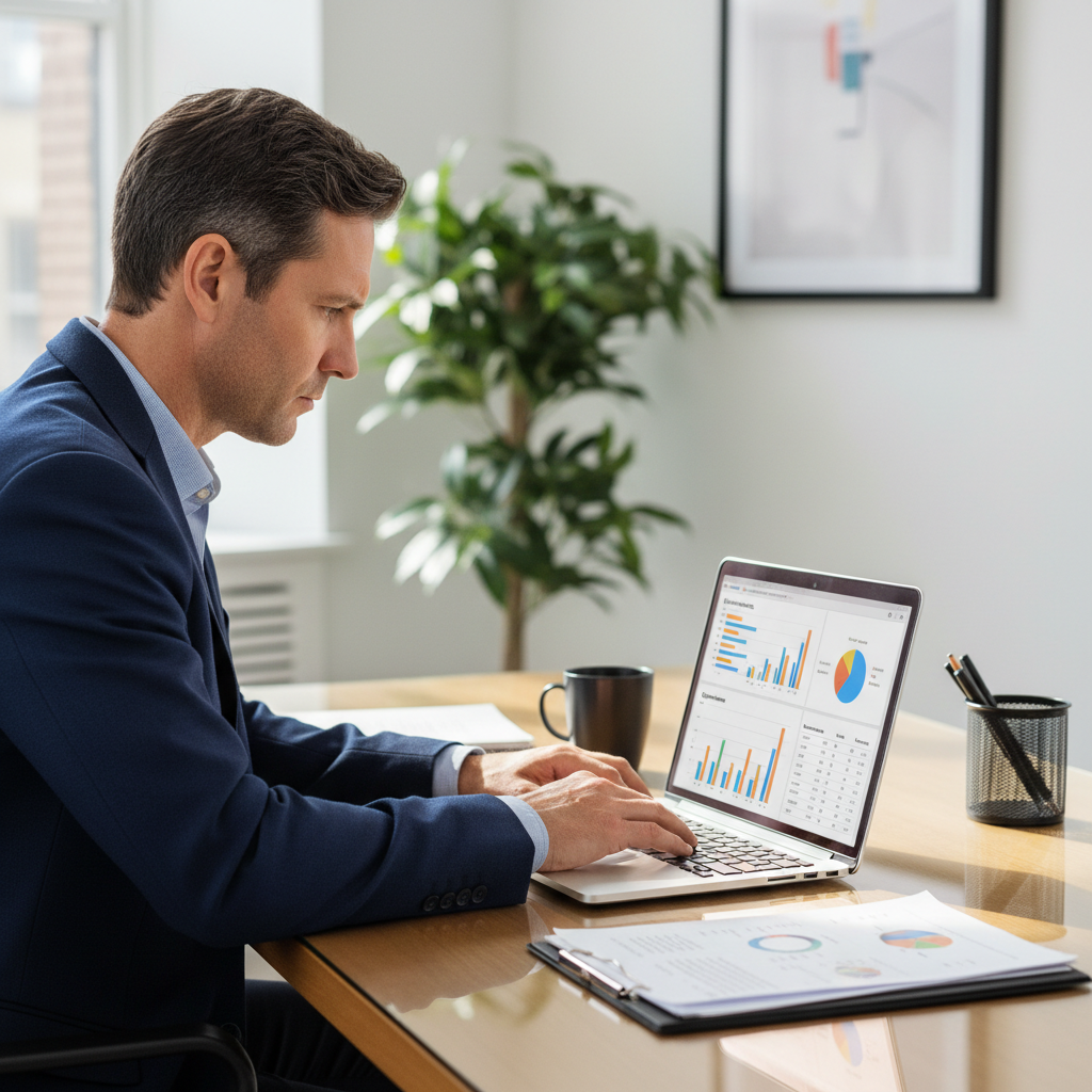 Business owner reviewing financial spreadsheets and productivity metrics on laptop in bright office