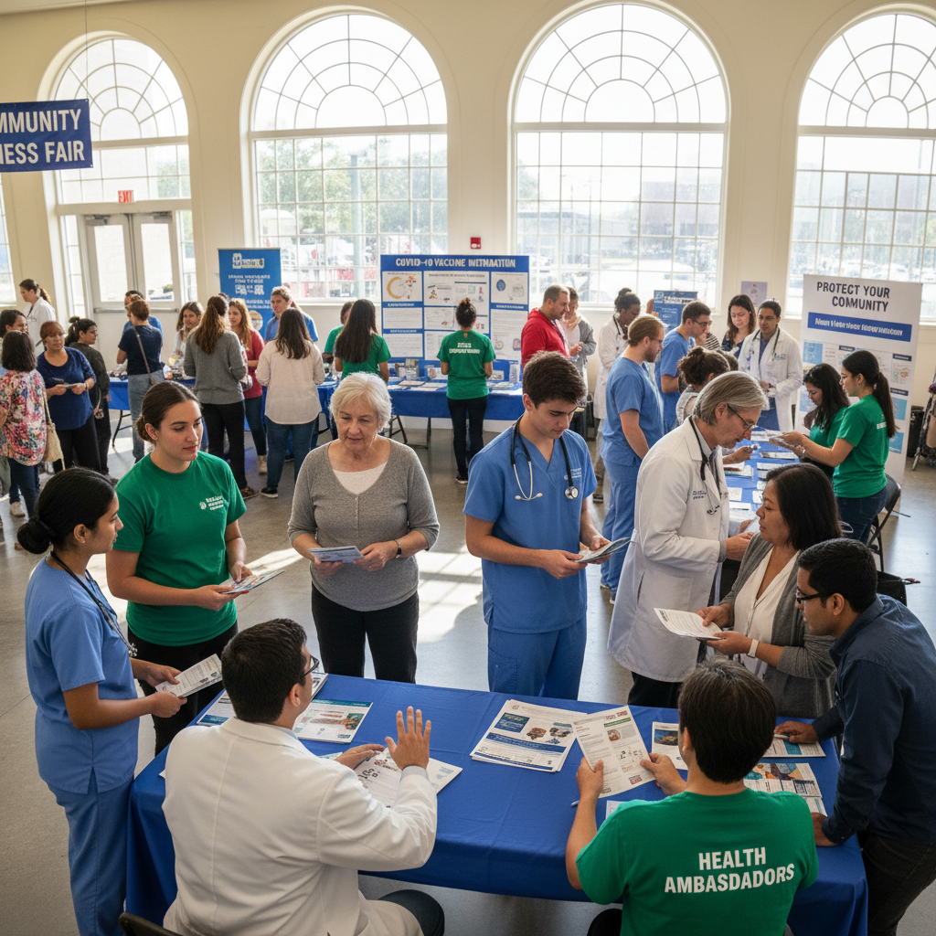Health fair volunteers distributing information, bright community center, diverse attendees
