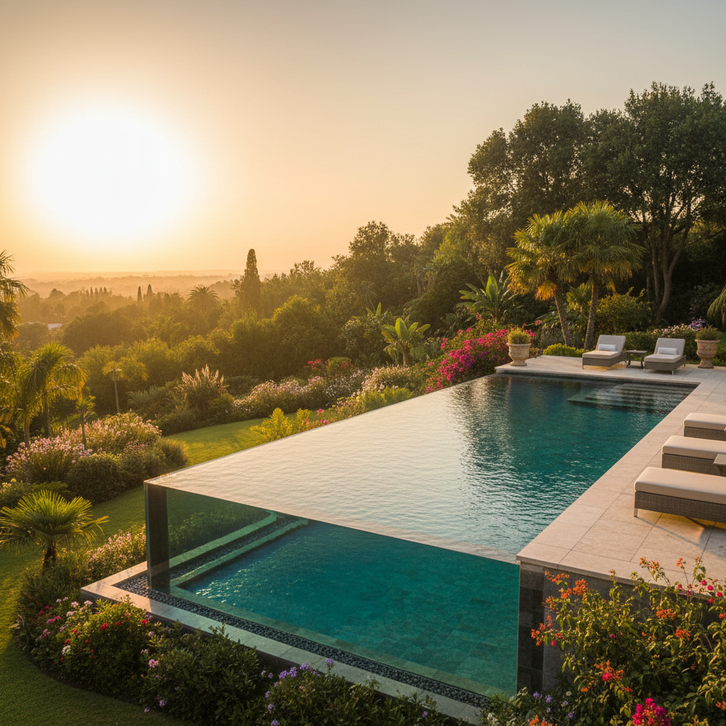 Expansive private island estate with multiple pavilions, infinity pool overlooking open ocean, tropical garden at golden hour