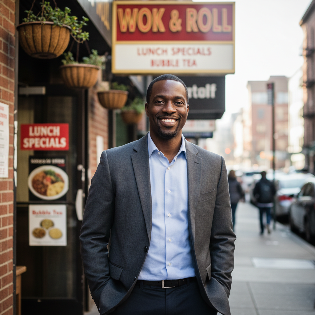 Marcus Webb, African American man in business casual, smiling in front of his Wok restaurant