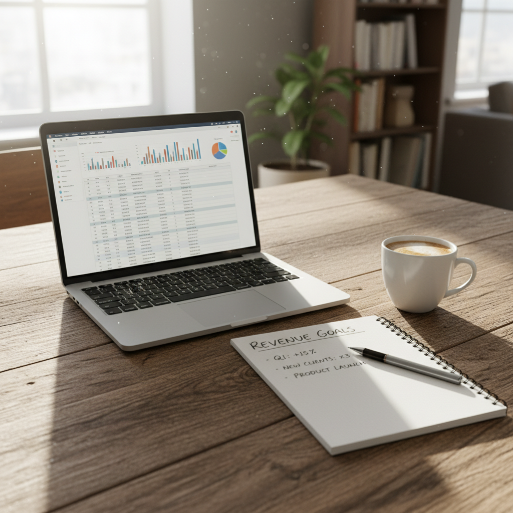 Laptop open on a wooden dining table with a half-drunk coffee and notebook with handwritten revenue goals, morning light