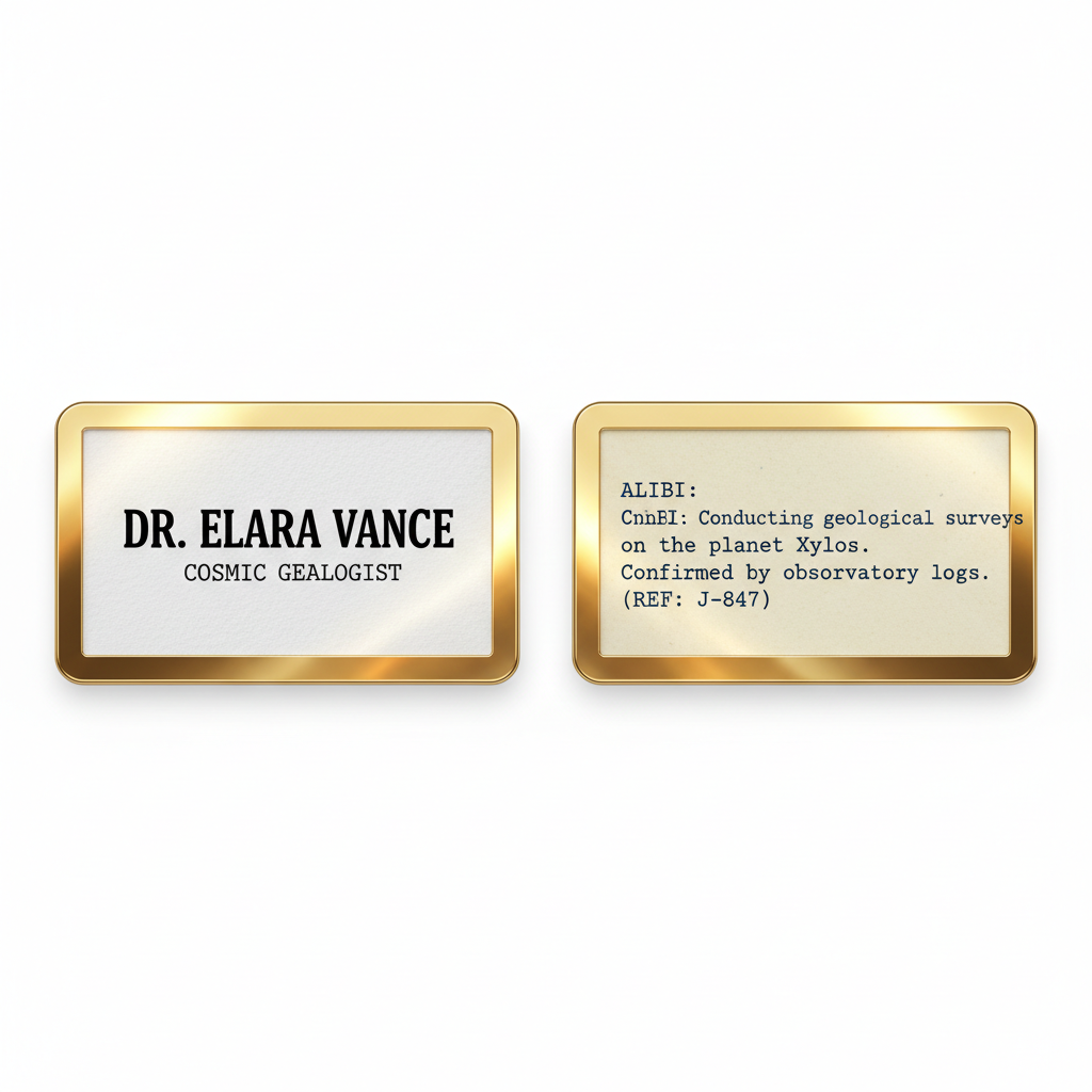 Elegant double-sided name badge with gold border showing character name on front and typewritten alibi on reverse