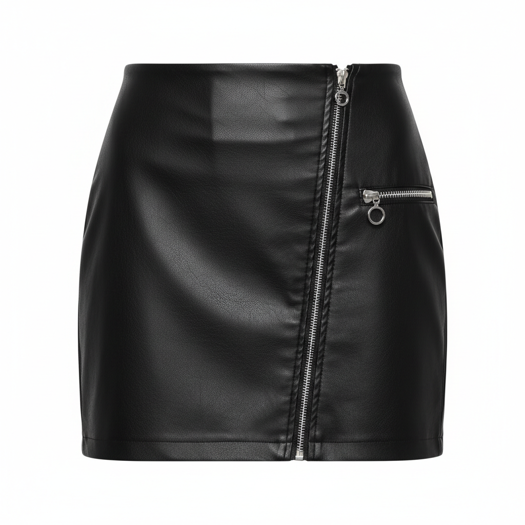Black pleated mini skirt on white background, clean studio lighting, fashion editorial style