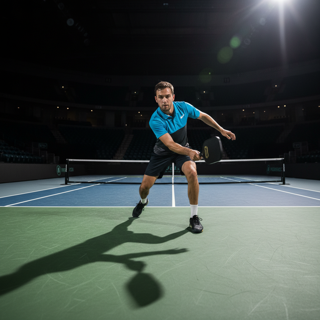 Singles pickleball player mid-swing on a competitive indoor court with dramatic overhead lighting creating sharp shadows