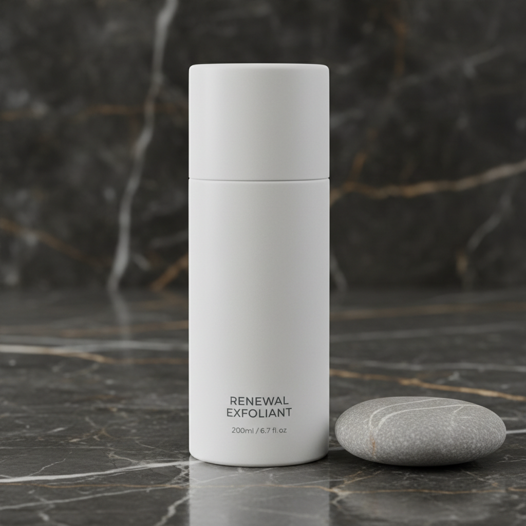 Luxury exfoliant jar on dark marble, warm golden light, atmospheric dim studio photography