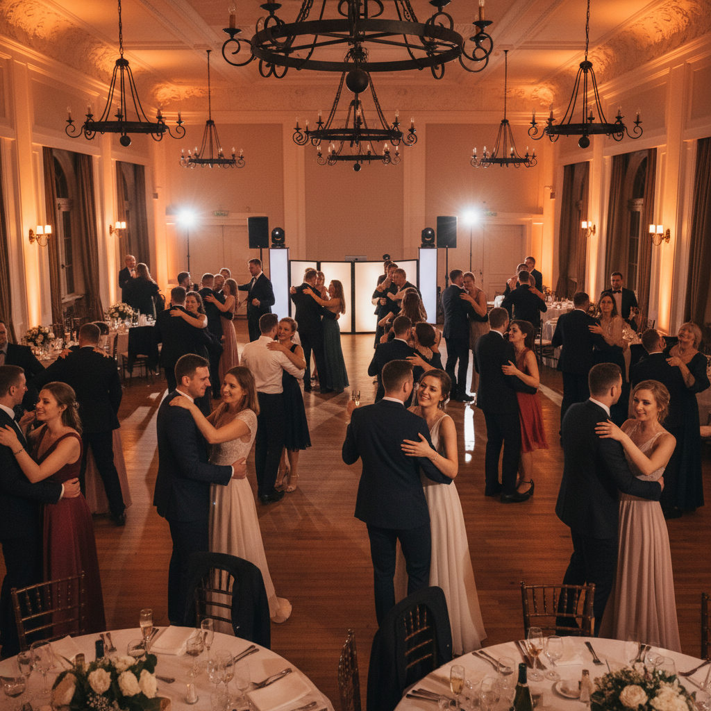 Elegant ballroom wedding reception, crystal chandeliers, couple dancing in center, warm amber spotlights, dark atmospheric surroundings