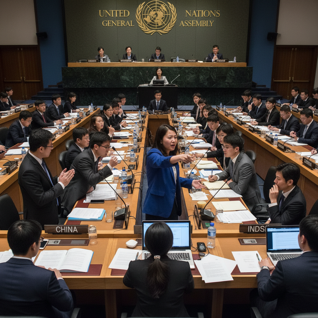 Young delegates in formal suits at a conference table, professional diplomacy session, dark wood panelling, warm conference lighting