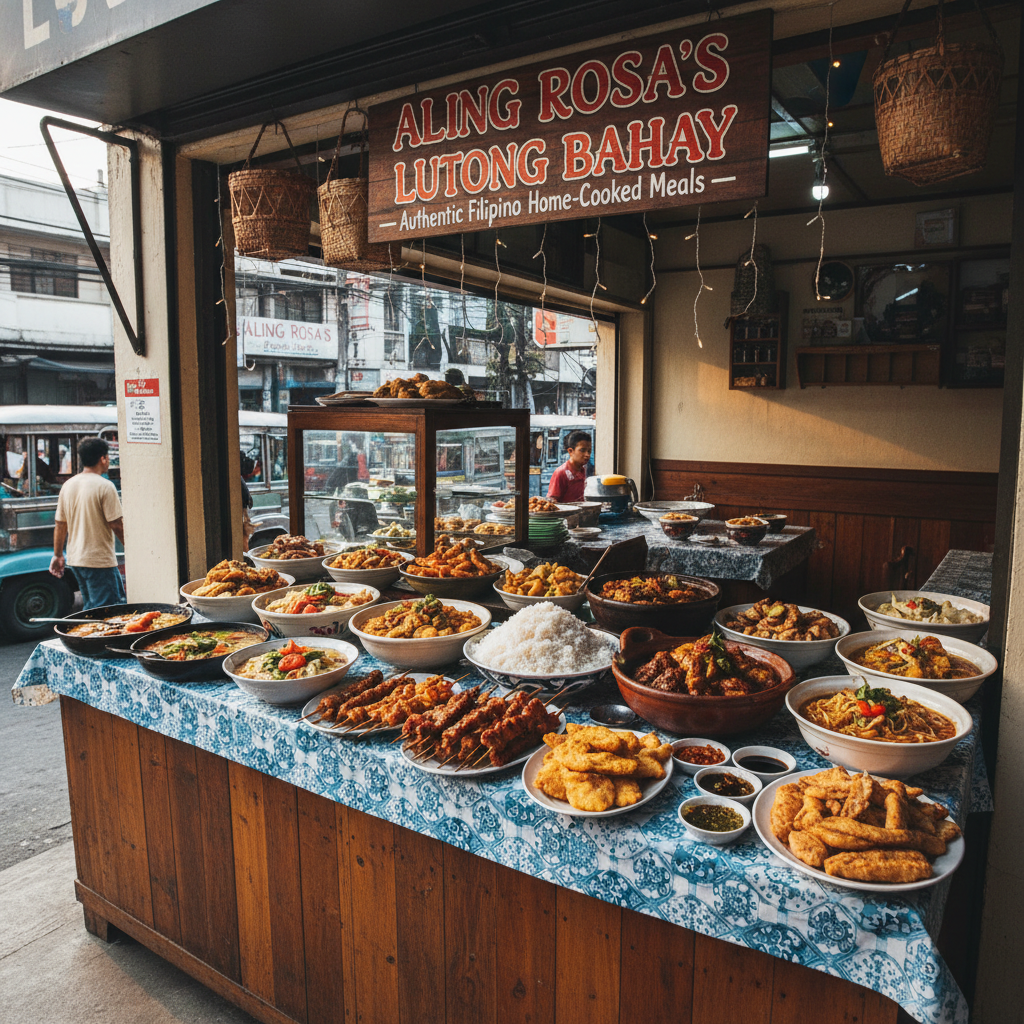 Filipino home-cooked meals display at Aling Rosa's Lutong Bahay restaurant storefront