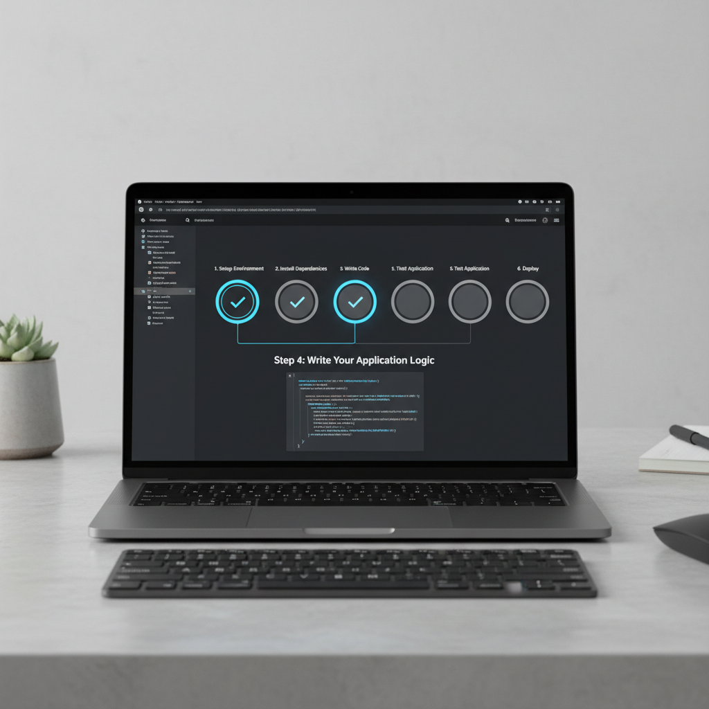Laptop showing step-by-step developer guide with progress indicators
