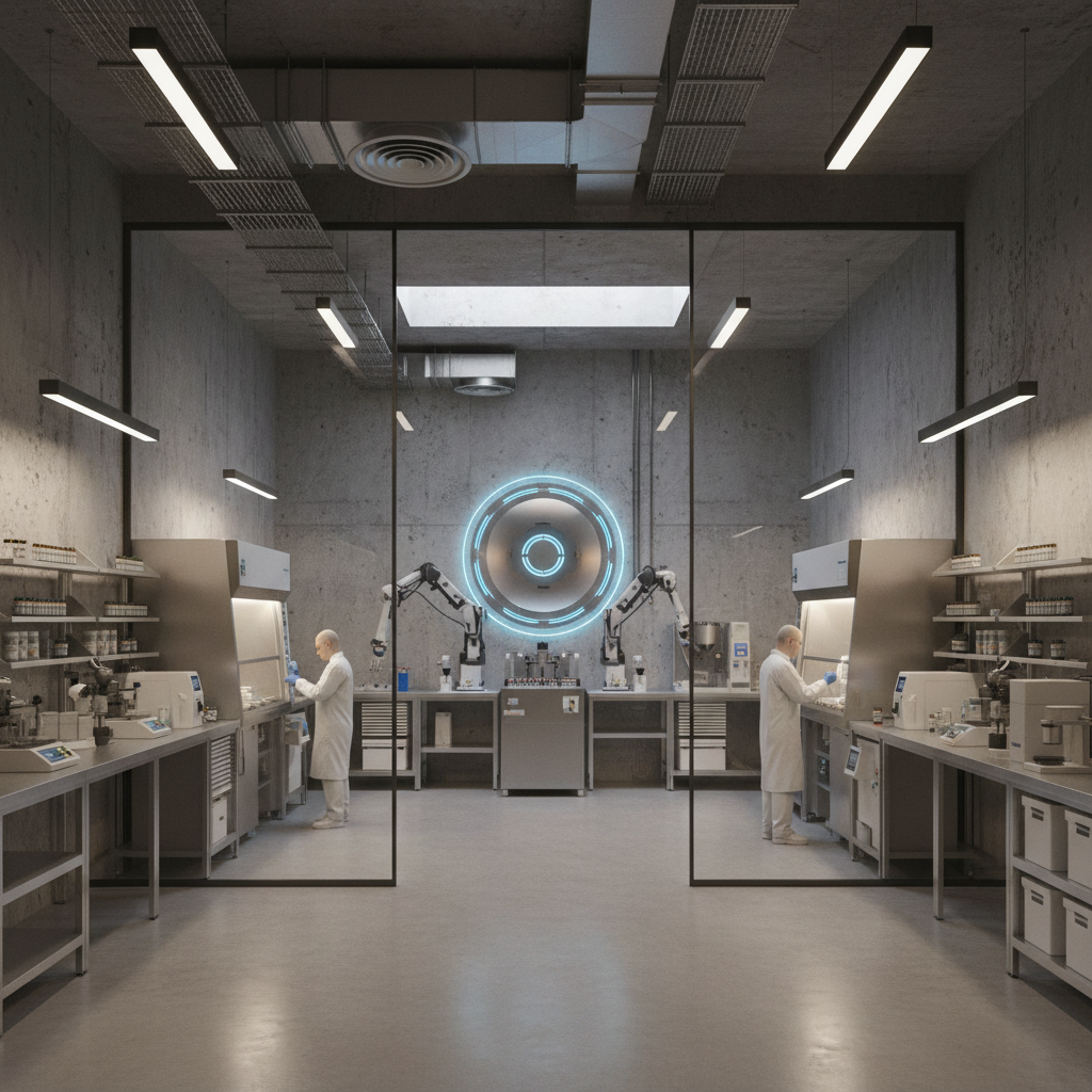 Architectural rendering of compounding laboratory with exposed concrete walls and precision equipment