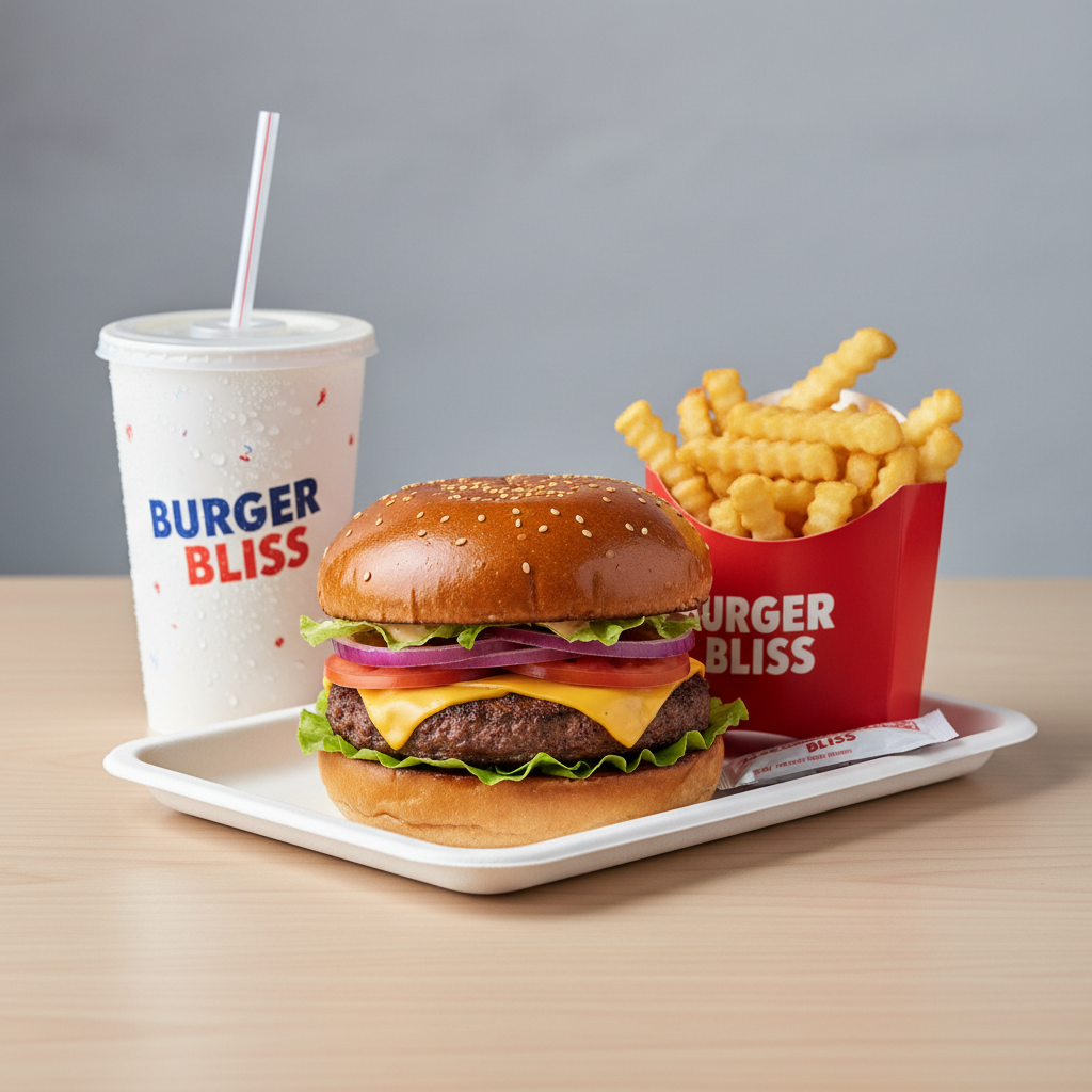 Burger combo meal with fries and drink in takeaway packaging