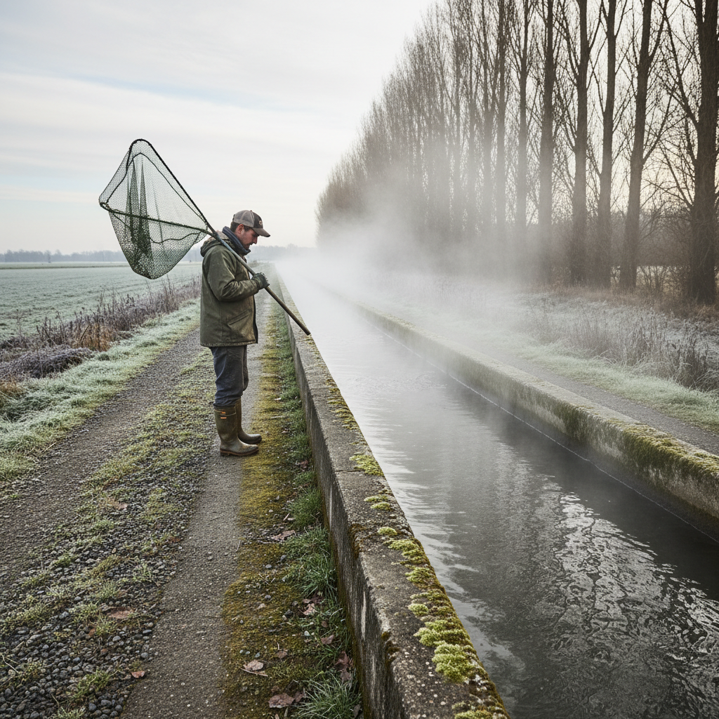 Farm worker in rubber boots carrying a net beside a concrete trout raceway with mist rising