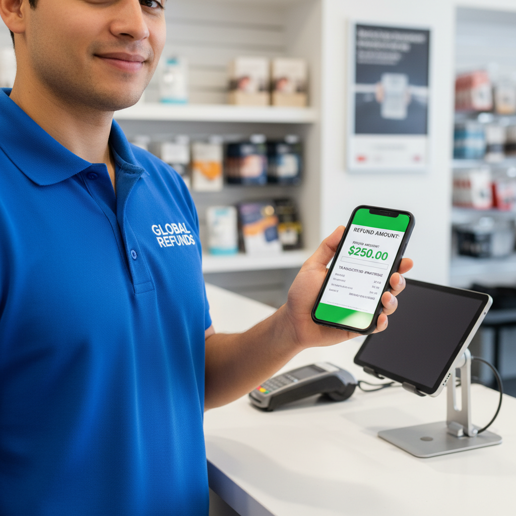 Customer in branded polo shirt showing refund amount on phone screen at franchise counter