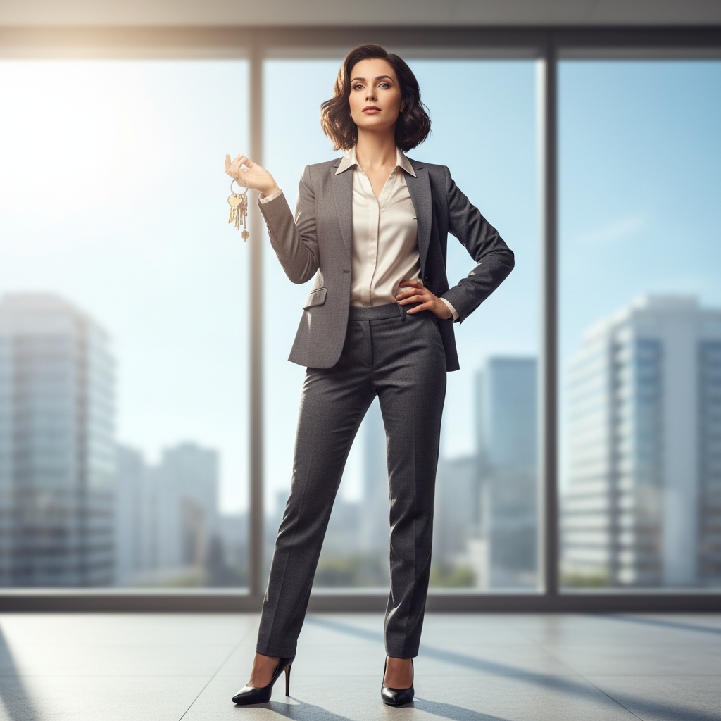 Priya Mehta, real estate director in professional attire, confident expression