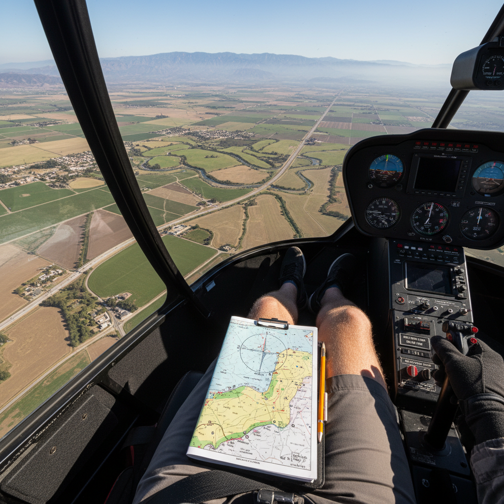 Aerial view from helicopter cockpit looking over California Central Valley at 1500 feet, sectional chart visible on knee board