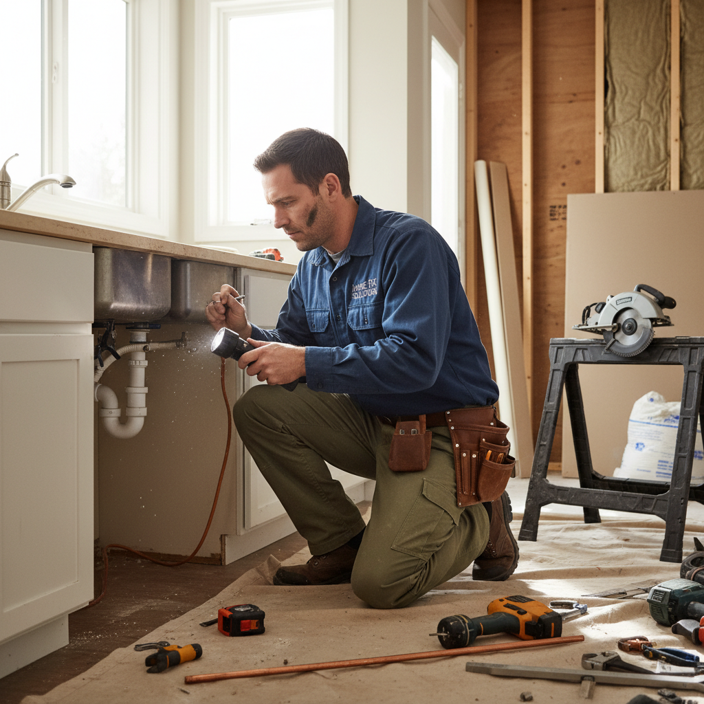 Professional contractor working in a bright modern home interior, clean and organized workspace, warm natural light