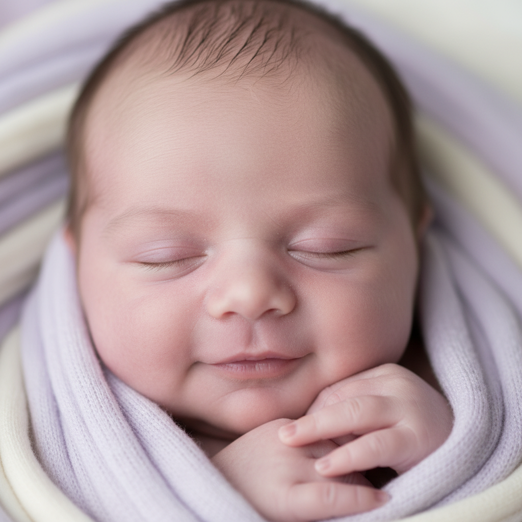 Rosehip at 2 weeks, tiny lavender-tinted newborn