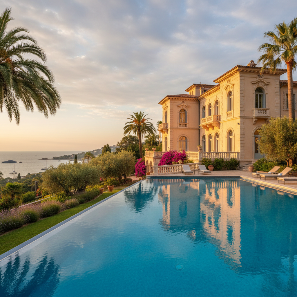 Domaine provençal de luxe avec parc arboré et piscine, architecture traditionnelle rénovée, lumière du soir dorée