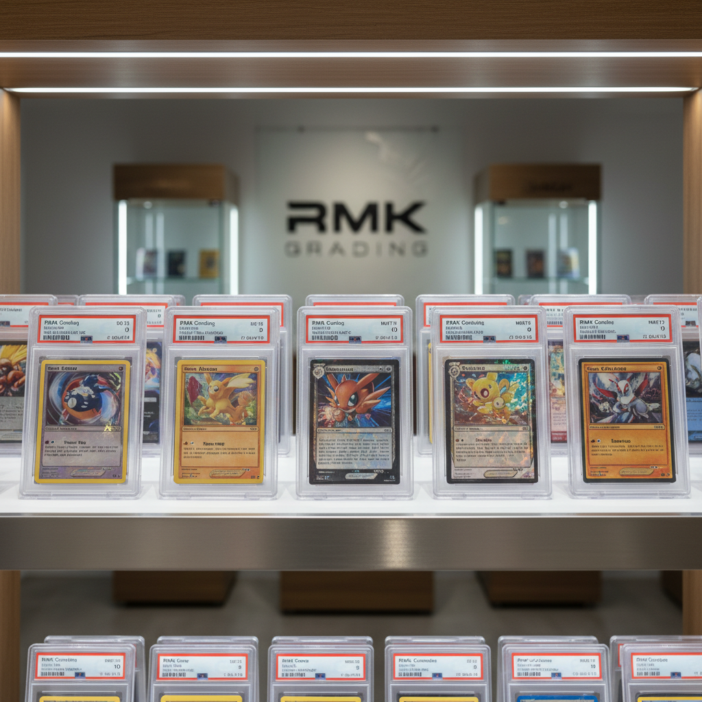 Graded trading card slabs displayed in RMK shop under sharp collector lighting