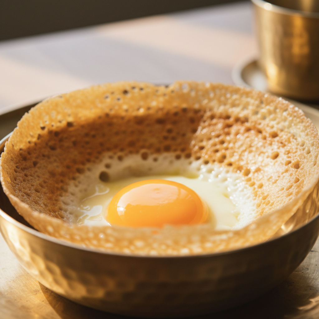 Golden egg hopper in brass bowl with lace-thin crispy edges and runny yolk centre
