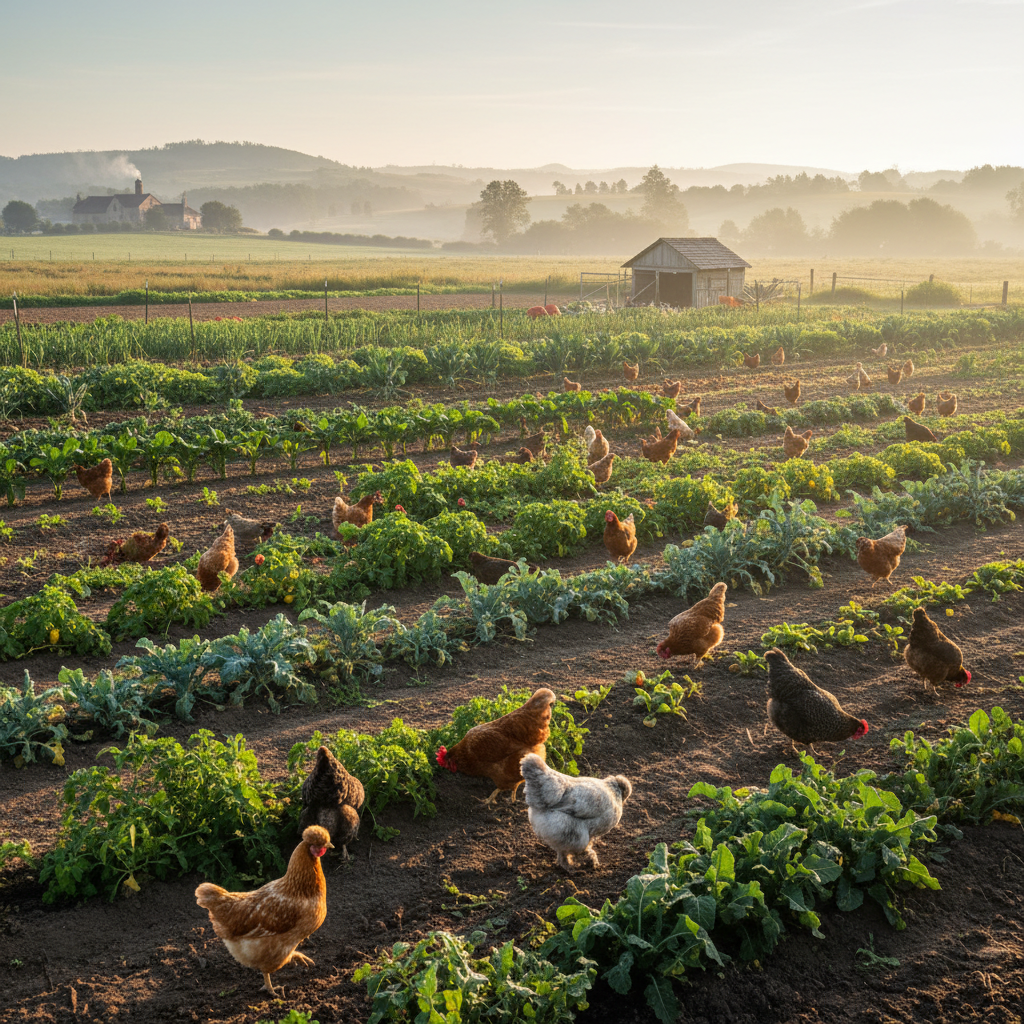 Fresh free-range chickens roaming an open farm yard in warm sunlight