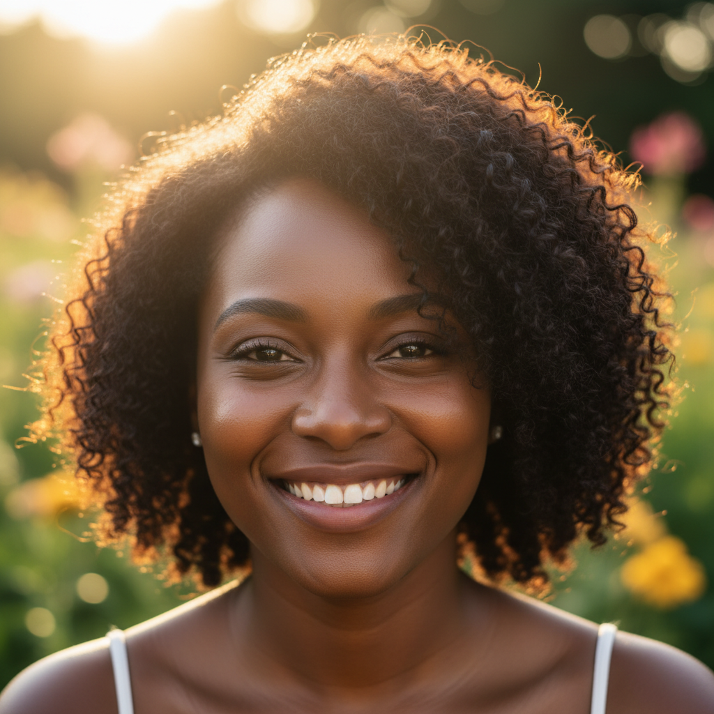 Nigerian woman with radiant complexion and natural hair in warm lighting