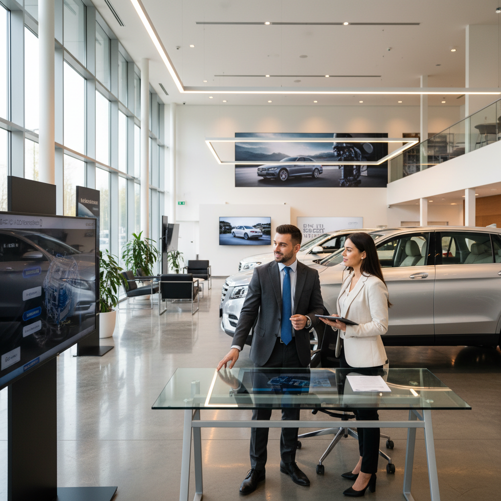 Conseiller financier automobile avec client dans showroom