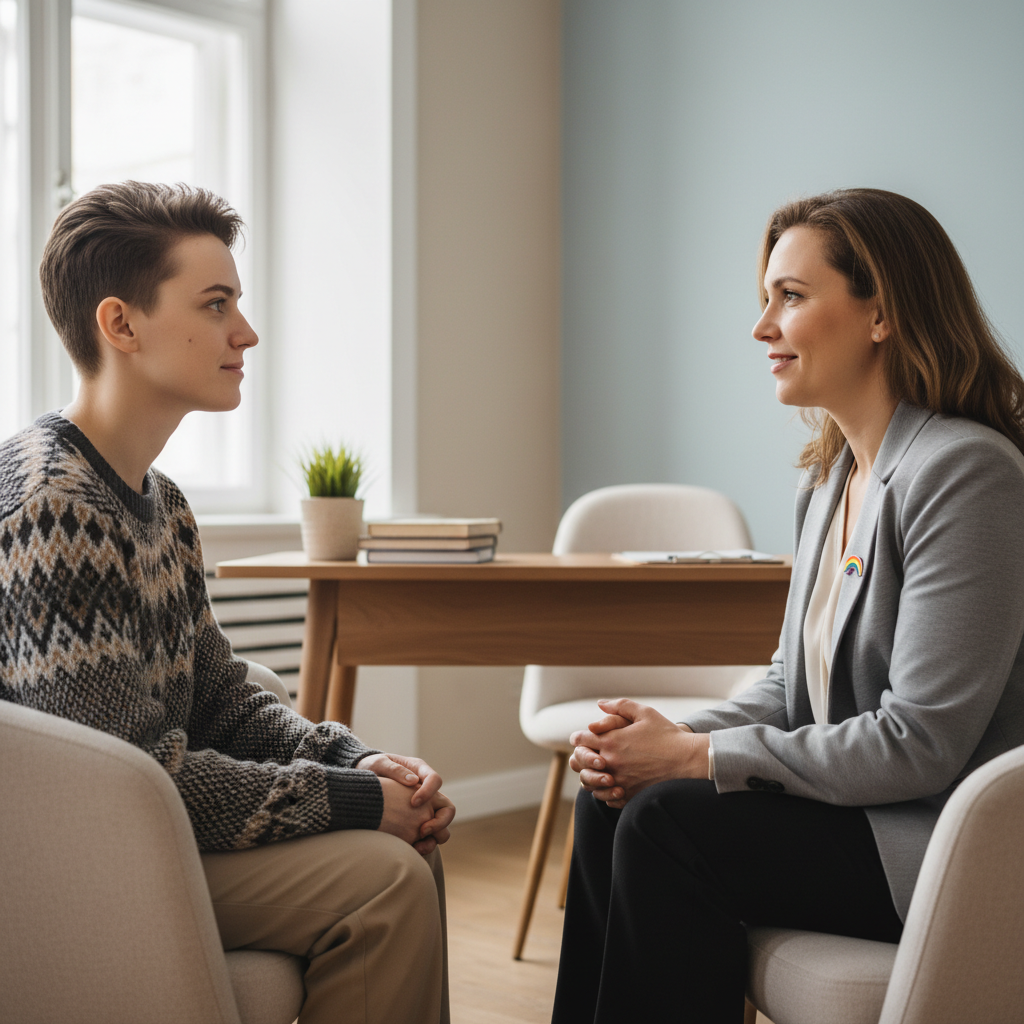 Two people in a warm counseling session, one offering supportive guidance in a bright, welcoming room