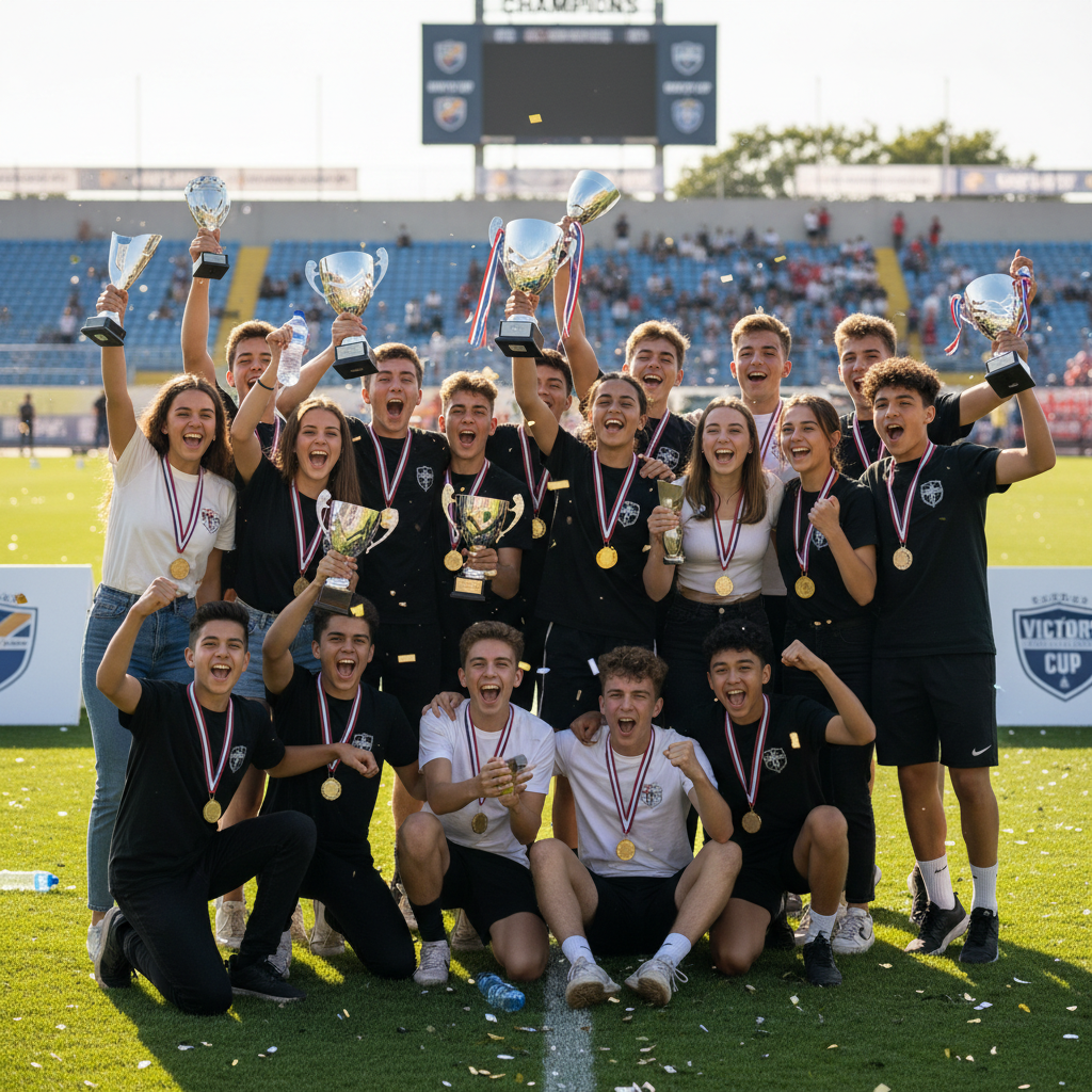Group of school students in sports uniforms outdoors, smiling and celebrating together, bright daylight, school grounds, joyful team spirit