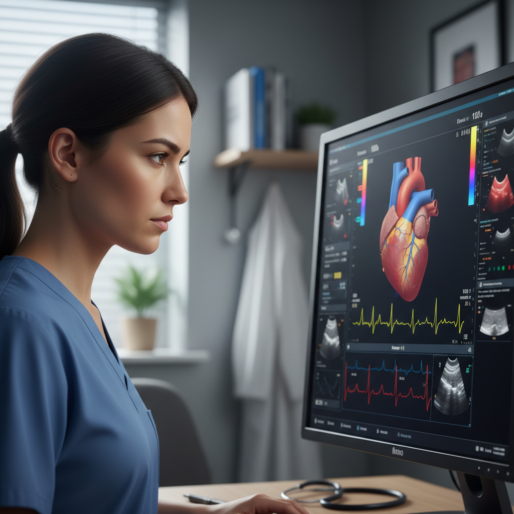 Medical professional reviewing imaging scans in a bright clean clinical environment
