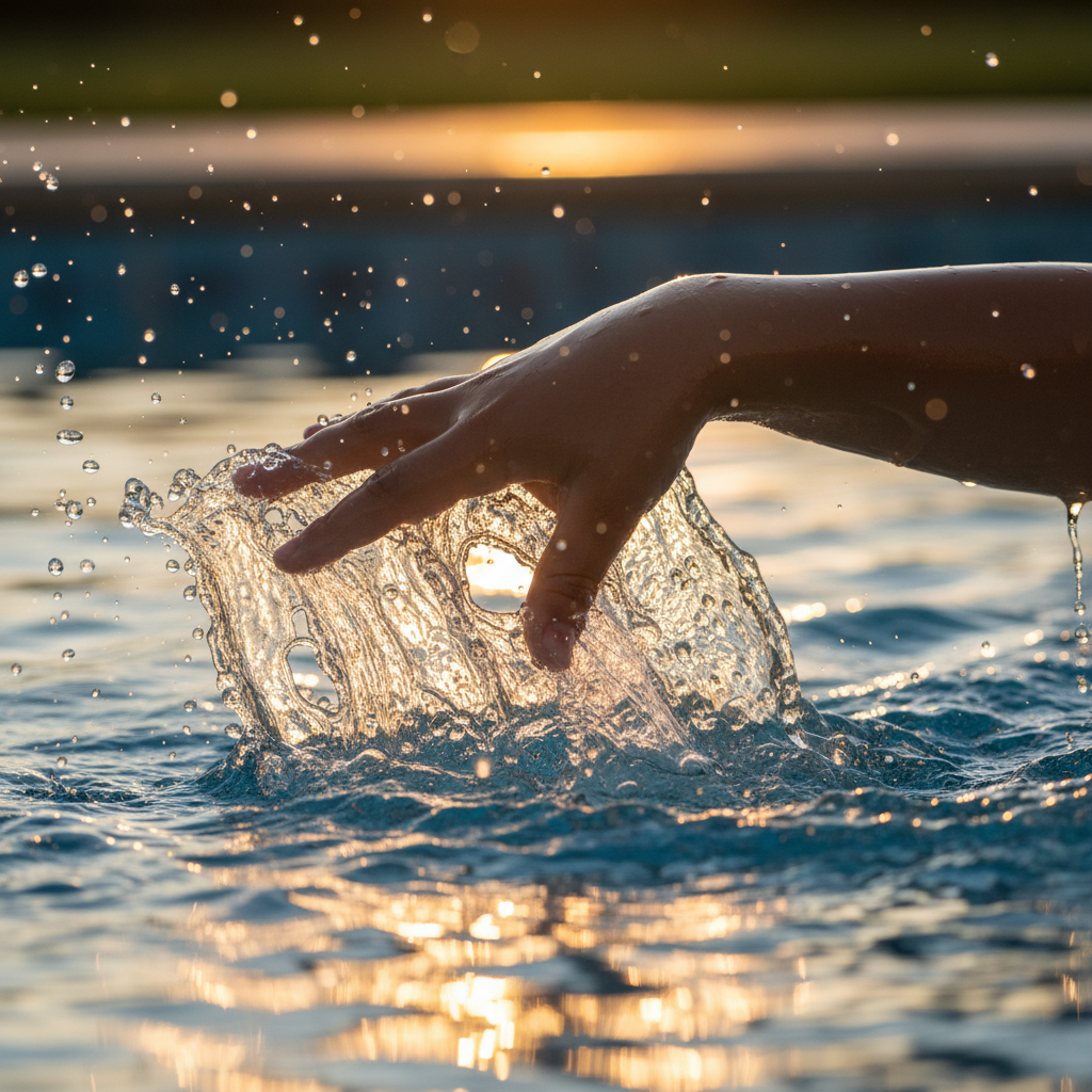 Child's hand breaking water surface mid-freestyle with golden droplets frozen in backlight
