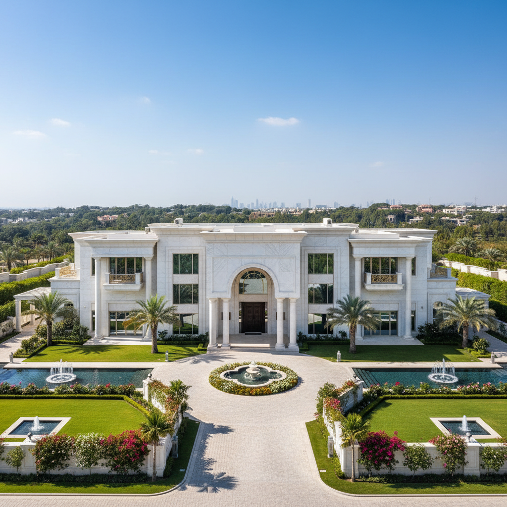 Grand mansion exterior with manicured gardens, tennis court, and golf course frontage in Emirates Hills
