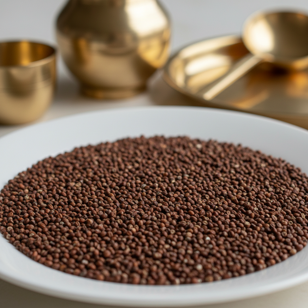 Finger millet ragi grains in terracotta bowl, nutritious ancient grain for export
