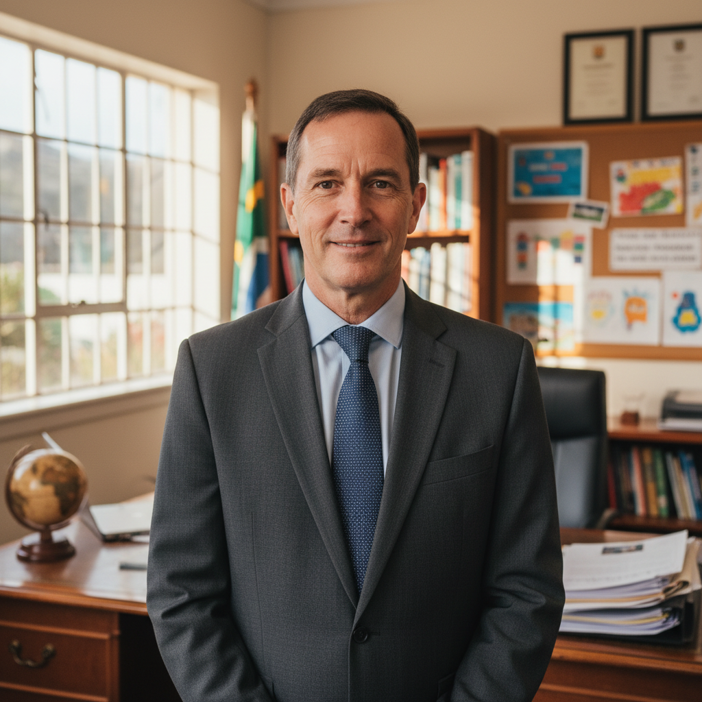Professional male school principal in business attire, warm welcoming expression, Cape Town school office