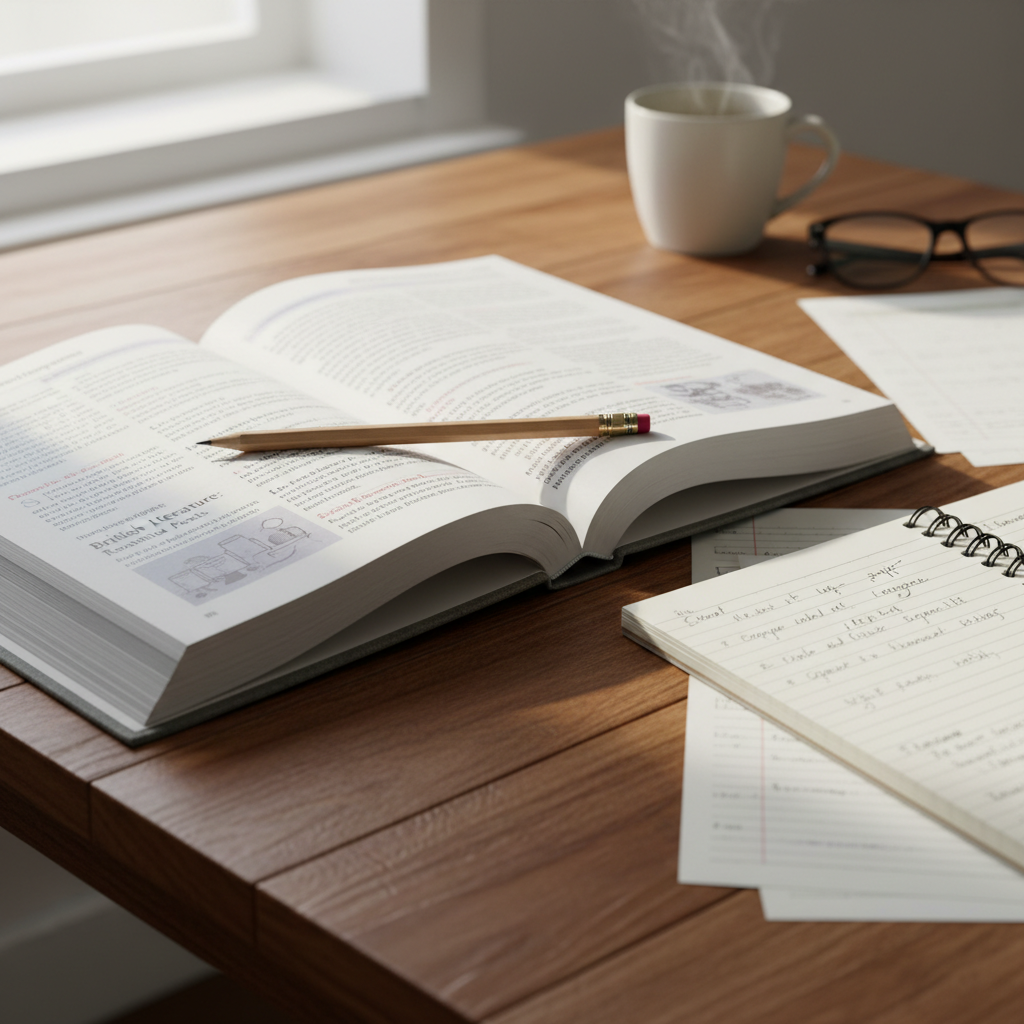 Open book and pen on a desk for English writing course