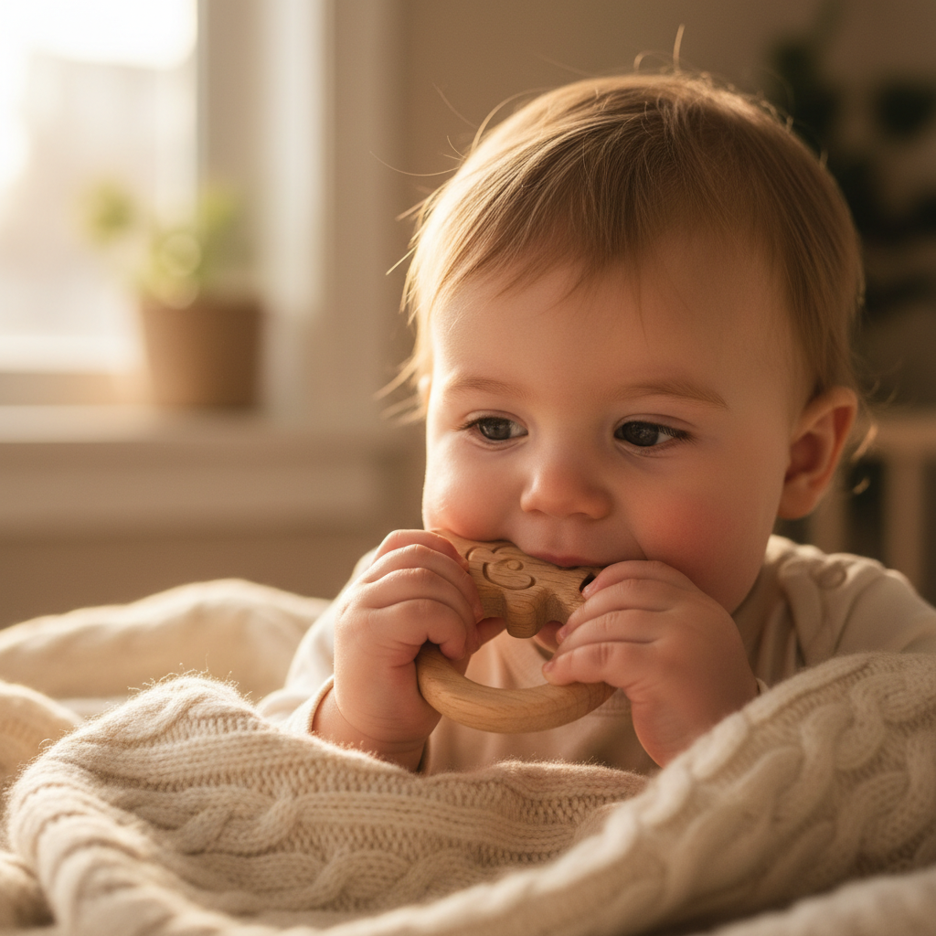 Toddler gnawing a wooden teether on a wool blanket in warm morning light