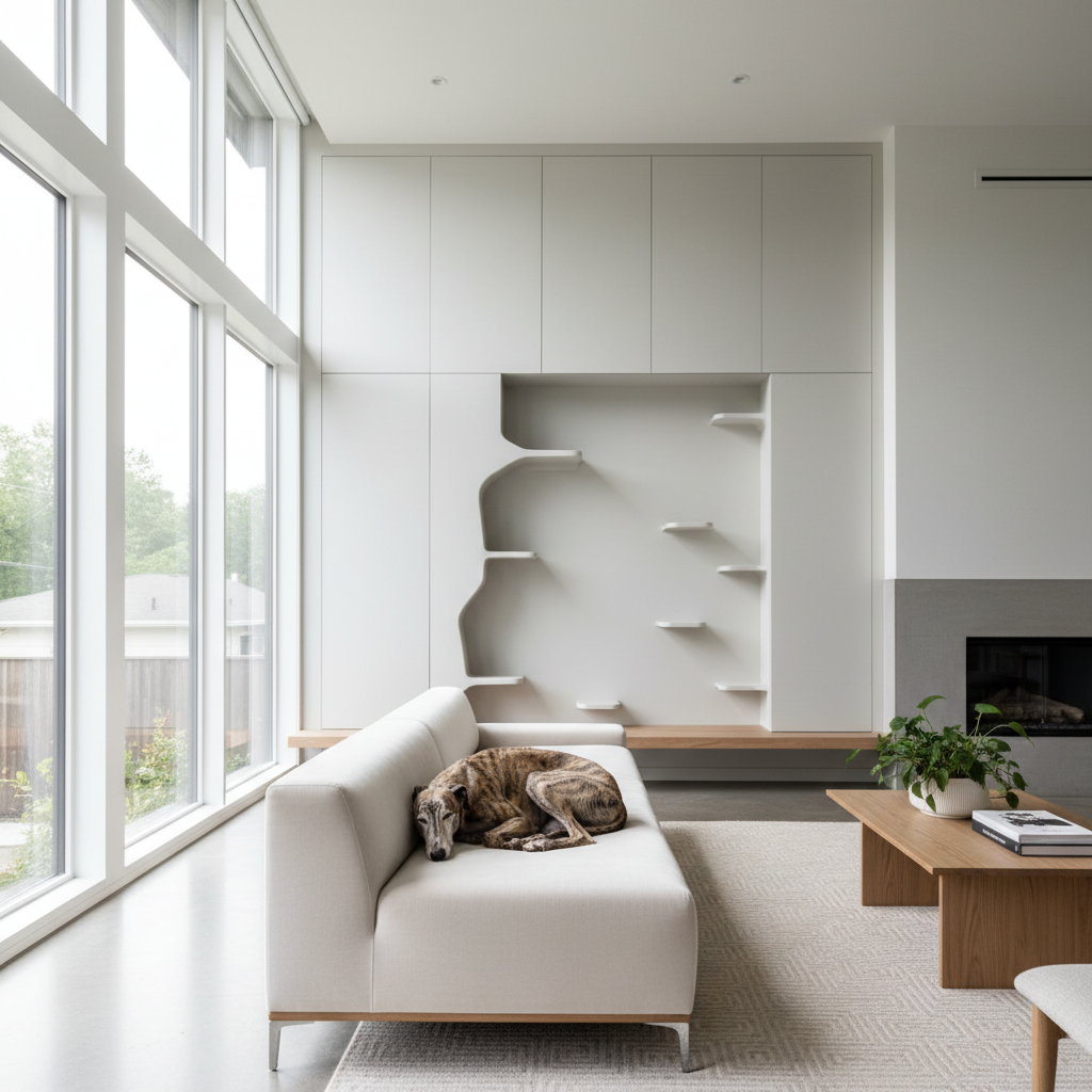 Serene living room with natural light, integrated cat shelving disappearing into architectural millwork, greyhound on velvet sofa